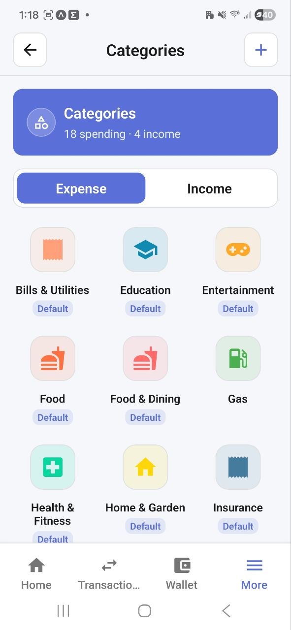 Categories screen: expense and income