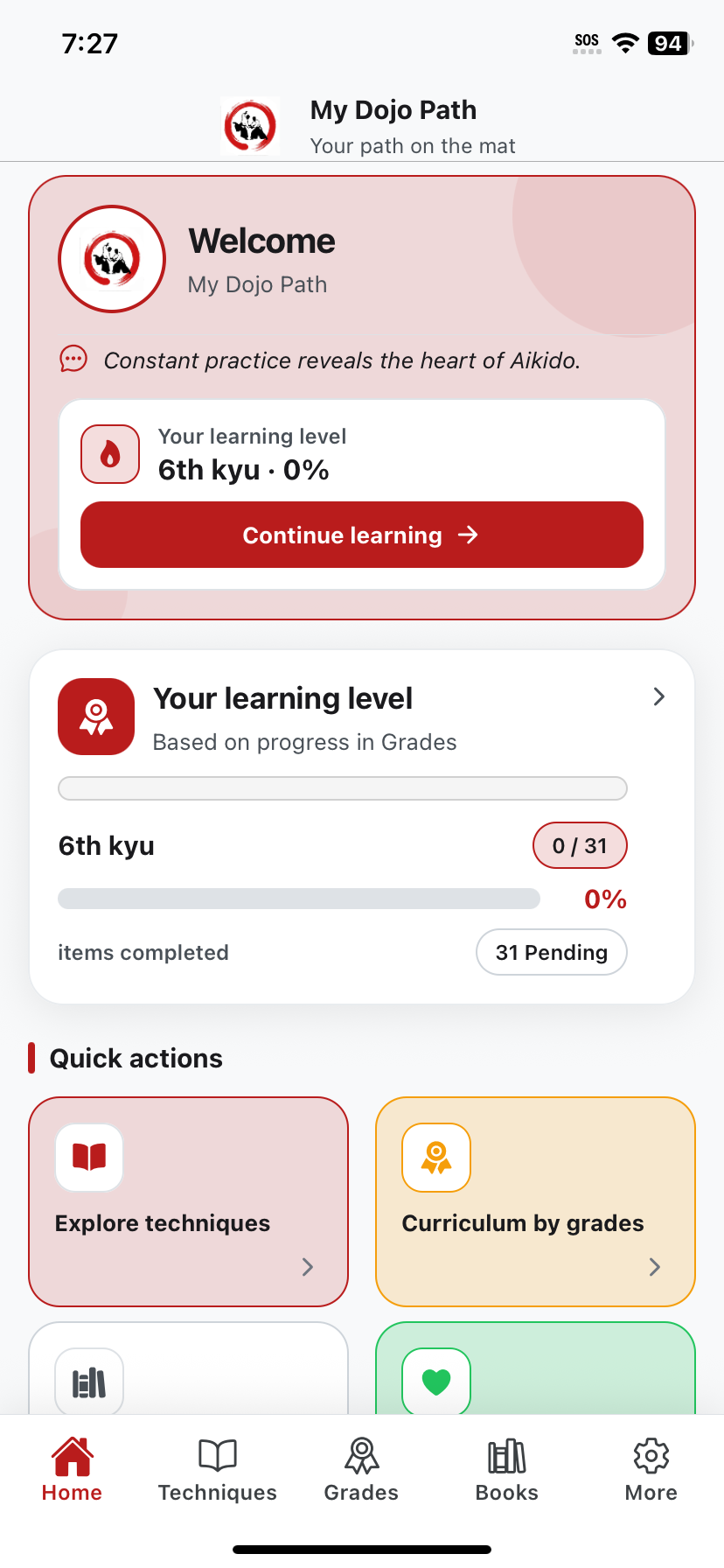 MyDojoPath:ホーム画面(歓迎・級の進捗・クイックアクション)